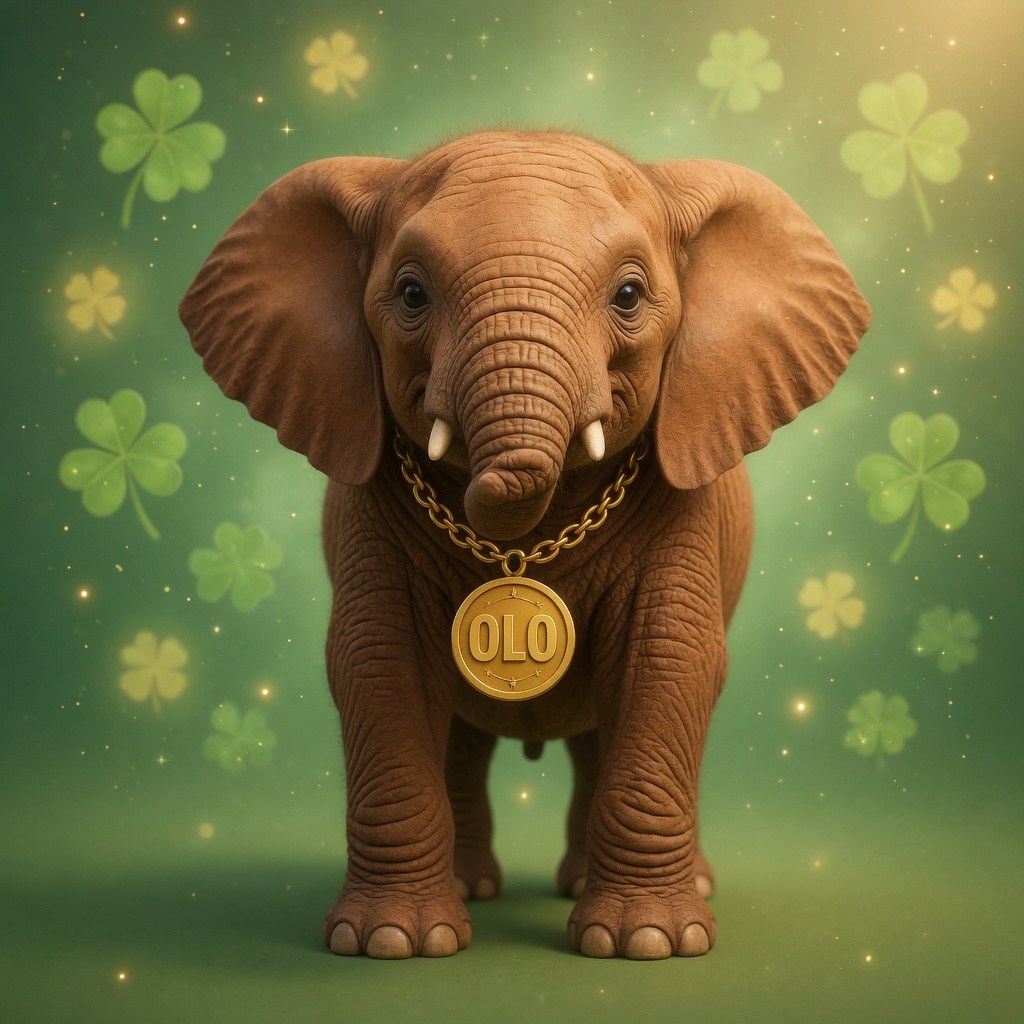OLO the lucky elephant wearing a gold medallion